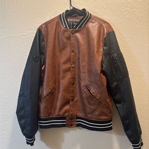 FRIED Denim NYC premium denim Collection Brown Black Faux Leather varsity Jacket